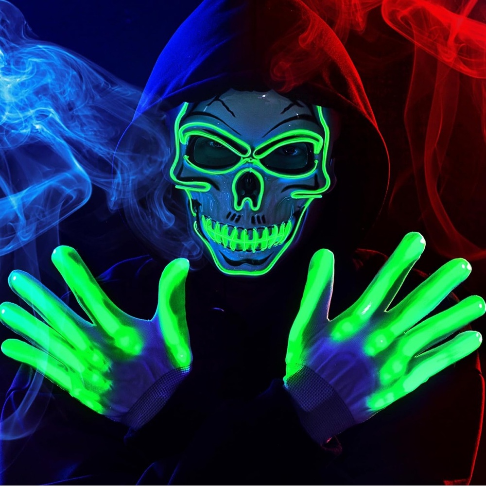 NWT JOYIN Halloween LED‎ Skull Mask & Light Up Gloves Set Green Glow Cosplay